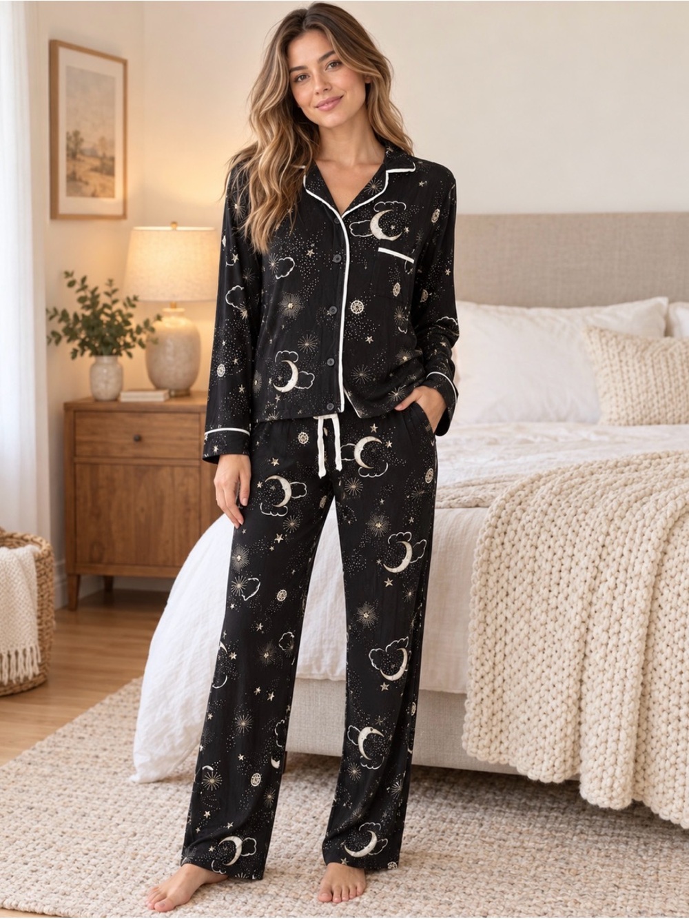 Soma Cool Nights Black Celestial Moon Stars Pajama Set Women L Button Front